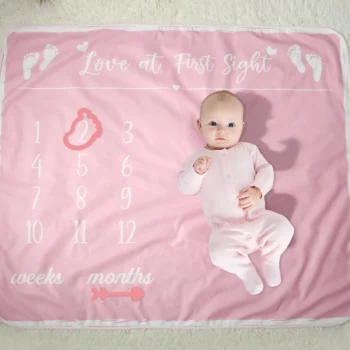 Ylsteed Newborn Photography Background Baby Foot Print Fleece Blanket Baby Monthly Growing Milestone Blanket for Photo Shooting