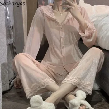 Velvet Pajama Sets Women Sweet Lace Aesthetic Chic Sleepwear Retro French Style Elegant Feminine Autumn Winter Cozy Home Pajamas