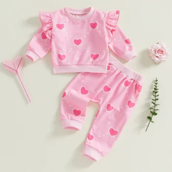 0-3T Newborn Baby Girl Outfits Heart Print Ruffled Long Sleeve Sweatshirt Pocket Long Pants Fall Winter Baby Clothes Set