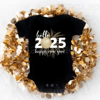 Hello 2025 Happy New Year Print Baby Bodysuit New Year Party Newborn Outfit Infant Short Sleeve Jumpsuit Holiday Toddler Clothes